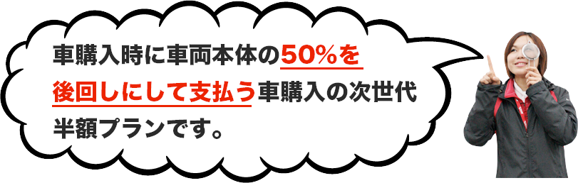 車購入時に車両本体の50%を後回しにして支払う車購入の次世代半額プランです。
